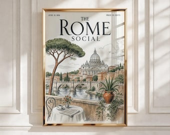 Może przedstawiać: Oprawiony plakat w stylu vintage zatytułowany The Rome Social, datowany na 15 czerwca 1934 roku. Ilustracja przedstawia widok na Rzym z Bazyliką św. Piotra, kamiennym mostem nad rzeką, sosną oraz stolikiem z filiżanką kawy i gazetą.