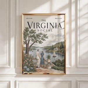 May include: A framed wall art print titled The Virginia Social dated June 22, 1934, priced at 15 cents. The illustration depicts a person in a suit and a person in a dress standing on a stone terrace overlooking a lake with sailboats and hills.