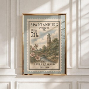 Spartanburg Vintage Stamp South Carolina Print | Retro Spartanburg SC Wall Art | Hub City Travel Poster | Spartanburg Home Decor