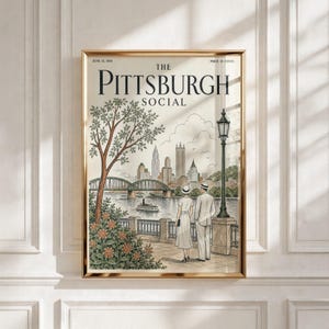 May include: A vintage-style poster titled The Pittsburgh Social, dated June 15, 1934. It features a line drawing of a city skyline, a bridge, a river with a boat, and two figures in hats standing on a promenade near a tall black lamp post.