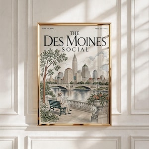 Könnte beinhalten: Ein gerahmtes Poster im Vintage-Stil mit dem Titel The Des Moines Social, datiert vom 15. Juni 1934. Die Illustration zeigt eine Person, die auf einer Bank sitzt und liest, mit Blick auf einen Fluss und eine Skyline mit hohen Gebäuden.