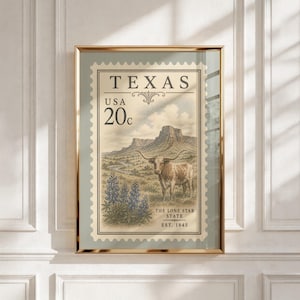 Pode incluir: Uma impressão artística emoldurada com um design de selo postal vintage do Texas. A ilustração mostra um boi longhorn numa paisagem desértica com tremoços, com o texto TEXAS, USA, 20c, THE LONE STAR STATE e EST. 1845.