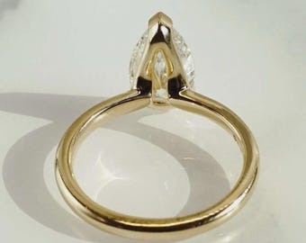 Half Bezel Set Pear Cut Engagement Ring, Teardrop Solitaire Moissanite Ring, 14k Yellow Gold Open Gallery Basket Ring, Custom Proposal Ring