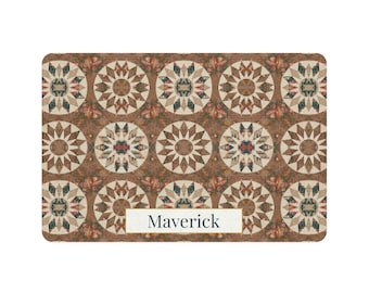 Tapis d'alimentation personnalisé pour animaux de compagnie, motif soleil couchant, 30 x 45 cm, antidérapant, inspiré de l'art du patchwork américain ancien, cadeau personnalisé avec le nom de votre animal.