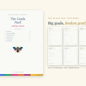 Op de afbeelding: Een digitaal doelplanner-pakket getiteld The Goals Pack met een bijenillustratie. Het bevat een inhoudsopgave en zes werkpagina's met de titels Annual Goals, 90-Day Goal Breakdown, Someday, Not Now List, Quarterly Check-In, The Habit Ladder en Monthly Review.