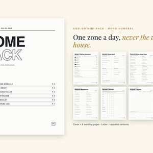 Può includere: Un pacchetto digitale per l'organizzazione della casa con una copertina intitolata HOME PACK e sei pagine stampabili che includono un programma di pulizia settimanale, un riordino mensile, una pulizia profonda per stanza e liste di controllo.