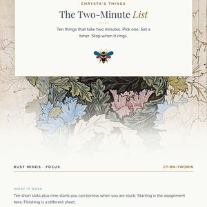 Puede incluir: Una tarjeta impresa titulada The Two-Minute List de Chrysta's Things. Presenta un icono de abeja, ilustraciones florales en azul, verde y rosa, y texto que explica un sistema de gestión de tareas. La parte inferior incluye Busy Minds Focus.