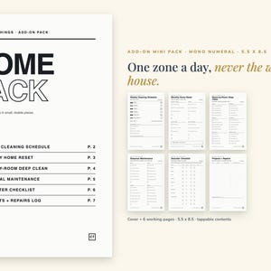 Può includere: Un pacchetto di pianificazione digitale per la pulizia della casa con una copertina intitolata HOME PACK e sei pagine di lavoro, tra cui un programma di pulizia settimanale, reset mensile, pulizia profonda, manutenzione e checklist.
