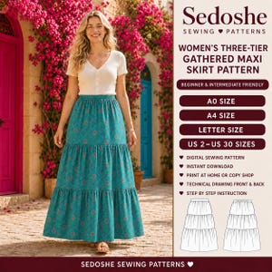 May include: A digital sewing pattern for a three-tier gathered maxi skirt by Sedoshe. The pattern includes A0, A4, and Letter sizes for US 2-30. It features step-by-step instructions and technical drawings of the skirt front and back.