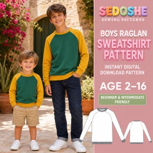 Puede incluir: Un patrón de costura digital para sudadera raglán con el texto SEDOSHE SEWING PATTERNS, BOYS RAGLAN SWEATSHIRT PATTERN, INSTANT DIGITAL DOWNLOAD PATTERN, AGE 2-16 y BEGINNER & INTERMEDIATE FRIENDLY, junto a una ilustración de líneas.