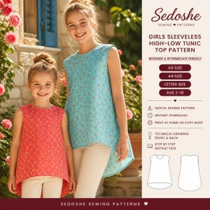 May include: A digital sewing pattern for a sleeveless high-low tunic top by Sedoshe. The pattern includes A0, A4, and letter sizes for ages 2-16, featuring step-by-step instructions and technical drawings of the front and back of the garment.