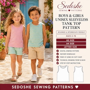 May include: A digital sewing pattern for a sleeveless tank top for ages 2-16. The image shows two children wearing striped tank tops and shorts, with text detailing A0, A4, and letter sizes, plus technical drawings of the front and back.