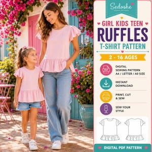 May include: A digital sewing pattern for a girl, kid, and teen ruffle t-shirt, ages 2-16. The graphic includes text, icons for PDF, download, print, and sew, and a line drawing of the front and back of the light pink t-shirt with ruffled sleeves.