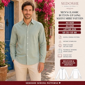Peut inclure: Un patron de couture numérique pour une chemise classique à manches longues et boutons par Sedoshe. L'image montre une personne portant une chemise vert clair, avec des détails sur les tailles A0, A4, Letter, US 35-68 et des instructions.