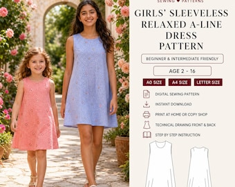 Girls Sleeveless Relaxed A-Line Dress Sewing Pattern PDF, Age 2-16, Beginner & Intermediate Friendly, A0 A4 Letter, Kids Girls Pattern