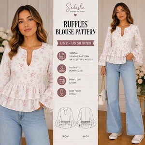 Puede incluir: Un patrón de costura digital para una blusa de manga larga con peplum de volantes y estampado floral. El patrón incluye tallas estadounidenses de la 2 a la 30, con escote en pico, mangas escalonadas y un dibujo técnico de frente y espalda.