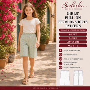 May include: A digital sewing pattern for pull-on Bermuda shorts, featuring a light green fabric with a small red geometric print. The text includes Sedoshe Sewing Patterns, Girls' Pull-On Bermuda Shorts Pattern, A0, A4, and Letter size options.