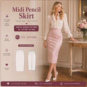 Può includere: Un cartamodello digitale per una gonna a tubino midi, con il testo Midi Pencil Skirt, Sewing Pattern, Digital Sewing Pattern A4/Letter/A0 Size, US 2-US 30 Sizes e Technical Drawing, incluso un disegno tecnico della gonna.