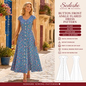 May include: A blue dress with a small pink and white floral pattern, featuring a button-front closure, short sleeves, and an ankle-length flared skirt. The text reads Sedoshe Sewing Patterns, Button Front Ankle Flared Dress Pattern, A0, A4, Letter size, US 2-30.