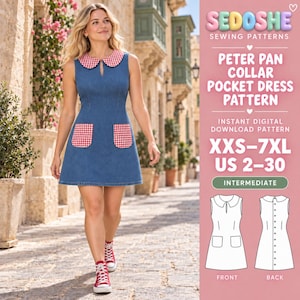 May include: A sleeveless blue denim dress featuring a red and white gingham Peter Pan collar and two matching gingham patch pockets. The text reads SEDOSHE SEWING PATTERNS PETER PAN COLLAR POCKET DRESS PATTERN INSTANT DIGITAL DOWNLOAD XXS-7XL US 2-30.