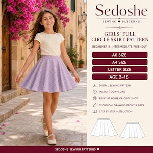Puede incluir: Un patrón de costura digital para una falda circular completa para niñas de Sedoshe. El texto incluye 'Girls' Full Circle Skirt Pattern', 'Beginner & Intermediate Friendly', 'A0 Size', 'A4 Size', 'Letter Size' y 'Age 2-16' con dibujos técnicos.