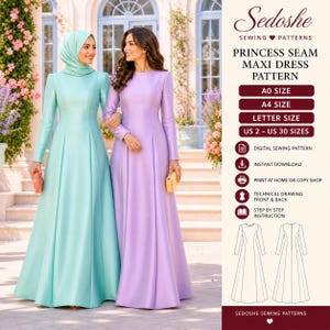 Könnte beinhalten: Ein digitales Schnittmuster für ein Maxikleid mit Wiener Nähten von Sedoshe. Das Muster enthält A0-, A4- und Letter-Formate für die US-Größen 2 bis 30. Es bietet Sofort-Download, technische Zeichnungen von Vorder- und Rückseite sowie eine Anleitung.