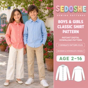 May include: A digital sewing pattern for a classic shirt, featuring text 'SEDOSHE SEWING PATTERNS BOYS & GIRLS CLASSIC SHIRT PATTERN INSTANT DIGITAL DOWNLOAD PATTERN 2 SEPARATE PATTERN FILES BEGINNER & INTERMEDIATE FRIENDLY AGE 2-16' and a line drawing.