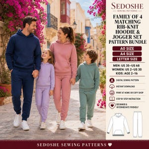 May include: A digital sewing pattern bundle for a family of four matching rib-knit hoodie and jogger sets. Includes A0, A4, and letter sizes for men, women, and kids. Features text: SEDOSHE SEWING PATTERNS, FAMILY OF 4 MATCHING RIB-KNIT HOODIE & JOGGER SET PATTERN BUNDLE.
