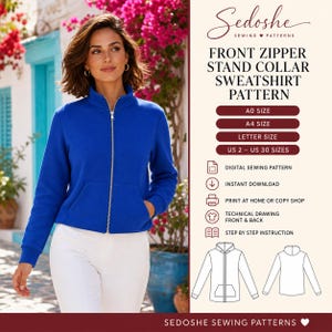 May include: A digital sewing pattern for a front zipper stand collar sweatshirt. The text reads Sedoshe Sewing Patterns, Front Zipper Stand Collar Sweatshirt Pattern, A0, A4, Letter size, US 2-30, digital pattern, instant download, print at home.