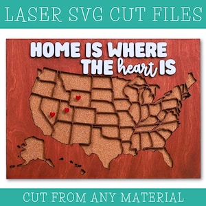 Archivo SVG láser con el letrero "Home Is Where The Heart Is", tapete de Estados Unidos, mapa con chinchetas, archivos Glowforge, arte de pared, decoración del hogar, descarga digital