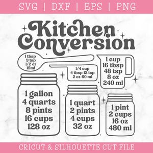 May include: A black and white kitchen conversion chart with measurements for cups, pints, quarts, and gallons. Includes a spoon, measuring cup, and jars with conversions in ounces, cups, and milliliters. The text "Kitchen Conversion" is at the top.
