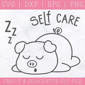 May include: A black and white line drawing of a sleeping pig with the text "SELF CARE" and "ZzZ" above it.