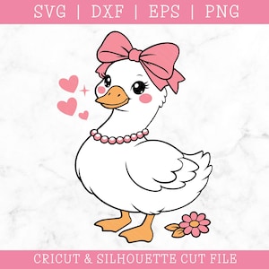 May include: A cute cartoon goose wearing a pink bow, pearl necklace, and a flower. The goose has rosy cheeks and is surrounded by hearts. The image includes the text "SVG | DXF | EPS | PNG" and "CRICUT & SILHOUETTE CUT FILE".