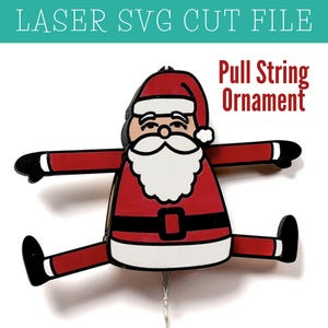 May include: Red and white Santa Claus pull string ornament. The ornament has a white beard and a black belt. The text "Pull String Ornament" is written in red letters.