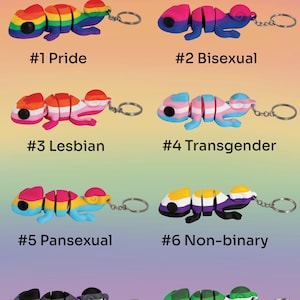 Może przedstawiać: Osiem przegubowych breloczków w kształcie kameleonów z napisem LGBT+ Flexi Chameleon. Każdy ma inny wzór kolorystyczny: #1 Pride, #2 Bisexual, #3 Lesbian, #4 Transgender, #5 Pansexual, #6 Non-binary, #7 Asexual i #8 Aromantic, wszystkie z metalowymi kółkami.