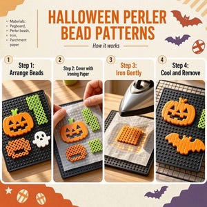 Może przedstawiać: Grafika instruktażowa zatytułowana Halloween Perler Bead Patterns przedstawiająca cztery kroki: układanie koralików na czarnej podkładce, przykrywanie papierem do pieczenia, delikatne prasowanie żelazkiem oraz studzenie wzorów dyni i nietoperza.