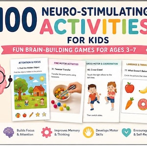 May include: A digital educational resource titled 100 Neuro-Stimulating Activities for Kids, featuring a cartoon brain character and five sample activity cards covering attention, fine motor skills, gross motor coordination, language, and relaxation.