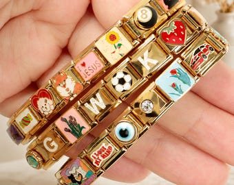 DIY Italiaanse bedelarmbandset, gepersonaliseerde gouden emaille en glitter letterbedelschakels van 9 mm, kies je eigen bedels, bedelbenodigdheden