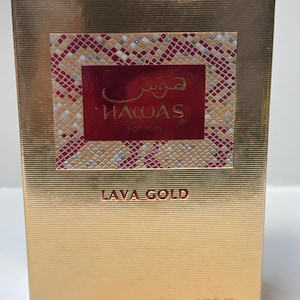 May include: A rectangular gold perfume box with a textured metallic finish. The center features a red label with the text Hawas For Him in English and Arabic. Below, the text LAVA GOLD is printed in red. The bottom lists 100 ML and 3.38 FL OZ.