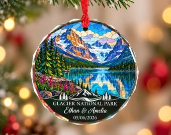 Personalized Glacier National Park Ornament 2026, Custom Couple Christmas Gift, Montana Travel Keepsake, Mountain Vacation Stained Glass