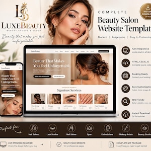 May include: A complete beauty salon website template featuring a laptop and smartphone displaying a LuxeBeauty interface. The design includes sections for signature services, booking, and responsive layouts, with text detailing features like HTML, CSS, and JS.