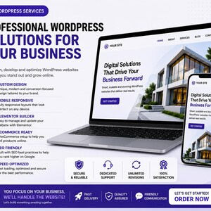 May include: A laptop and a smartphone displaying a website with the text Professional WordPress Solutions For Your Business, Digital Solutions That Drive Your Business Forward, and various service icons including custom design and mobile responsive.