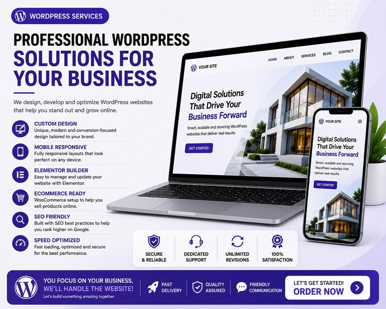May include: A laptop and a smartphone displaying a website with the text Professional WordPress Solutions For Your Business, Digital Solutions That Drive Your Business Forward, and various service icons including custom design and mobile responsive.