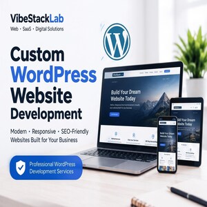Puede incluir: Un portátil, una tableta y un smartphone muestran un sitio web con el texto VibeStackLab, Custom WordPress Website Development y Build Your Dream Website Today. El logotipo de WordPress es visible sobre la pantalla del portátil.