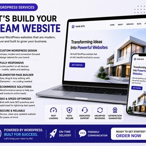 May include: A promotional graphic for WordPress services featuring a laptop and smartphone displaying a website with the text Transforming Ideas Into Powerful Websites. The layout includes a list of features like custom design, responsive layout, and SEO.