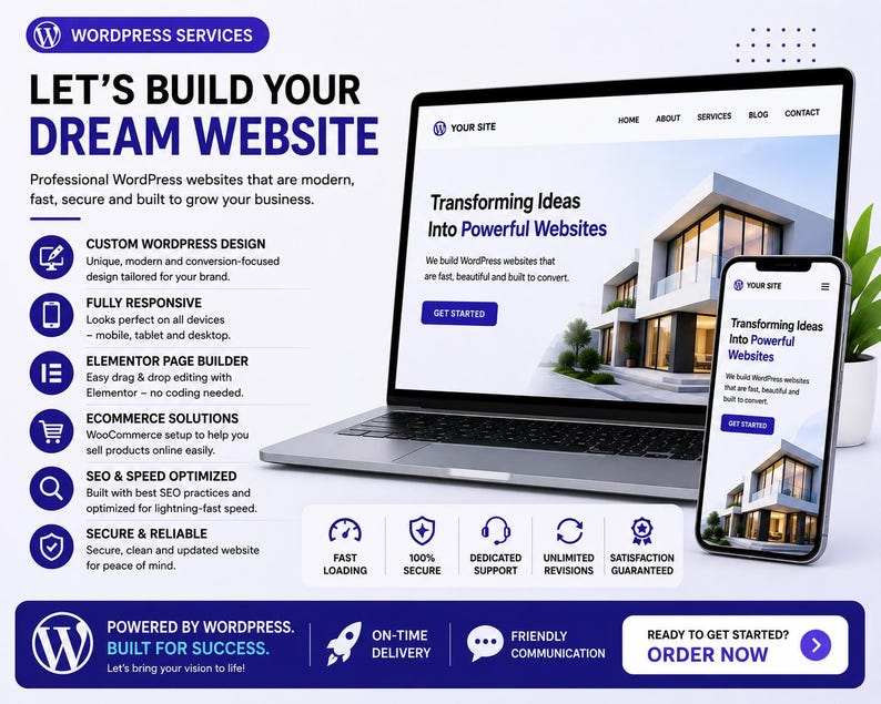 May include: A promotional graphic for WordPress services featuring a laptop and smartphone displaying a website with the text Transforming Ideas Into Powerful Websites. The layout includes a list of features like custom design, responsive layout, and SEO.