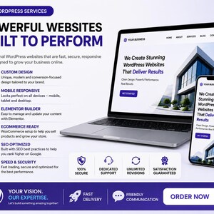 May include: A promotional graphic for WordPress services featuring a laptop and smartphone displaying a business website. Text includes Powerful Websites Built To Perform, Custom Design, Mobile Responsive, Elementor Builder, Ecommerce Ready, SEO Optimized, and Speed & Security.