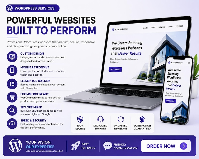 May include: A promotional graphic for WordPress services featuring a laptop and smartphone displaying a business website. Text includes Powerful Websites Built To Perform, Custom Design, Mobile Responsive, Elementor Builder, Ecommerce Ready, SEO Optimized, and Speed & Security.