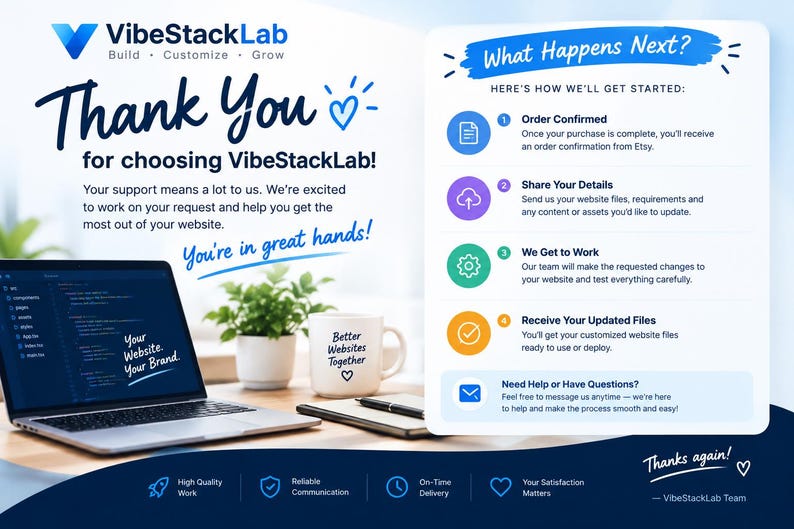 May include: A VibeStackLab thank you card featuring a laptop displaying code, a white mug with text, and a step-by-step guide titled What Happens Next? detailing the order process from confirmation to receiving updated website files.