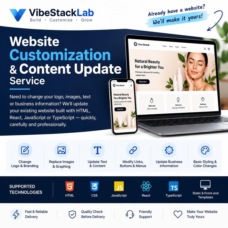 May include: A promotional graphic for VibeStackLab website customization services featuring a laptop and smartphone displaying a skincare brand website. Text includes service details, supported technologies like HTML, CSS, JS, React, and TypeScript.